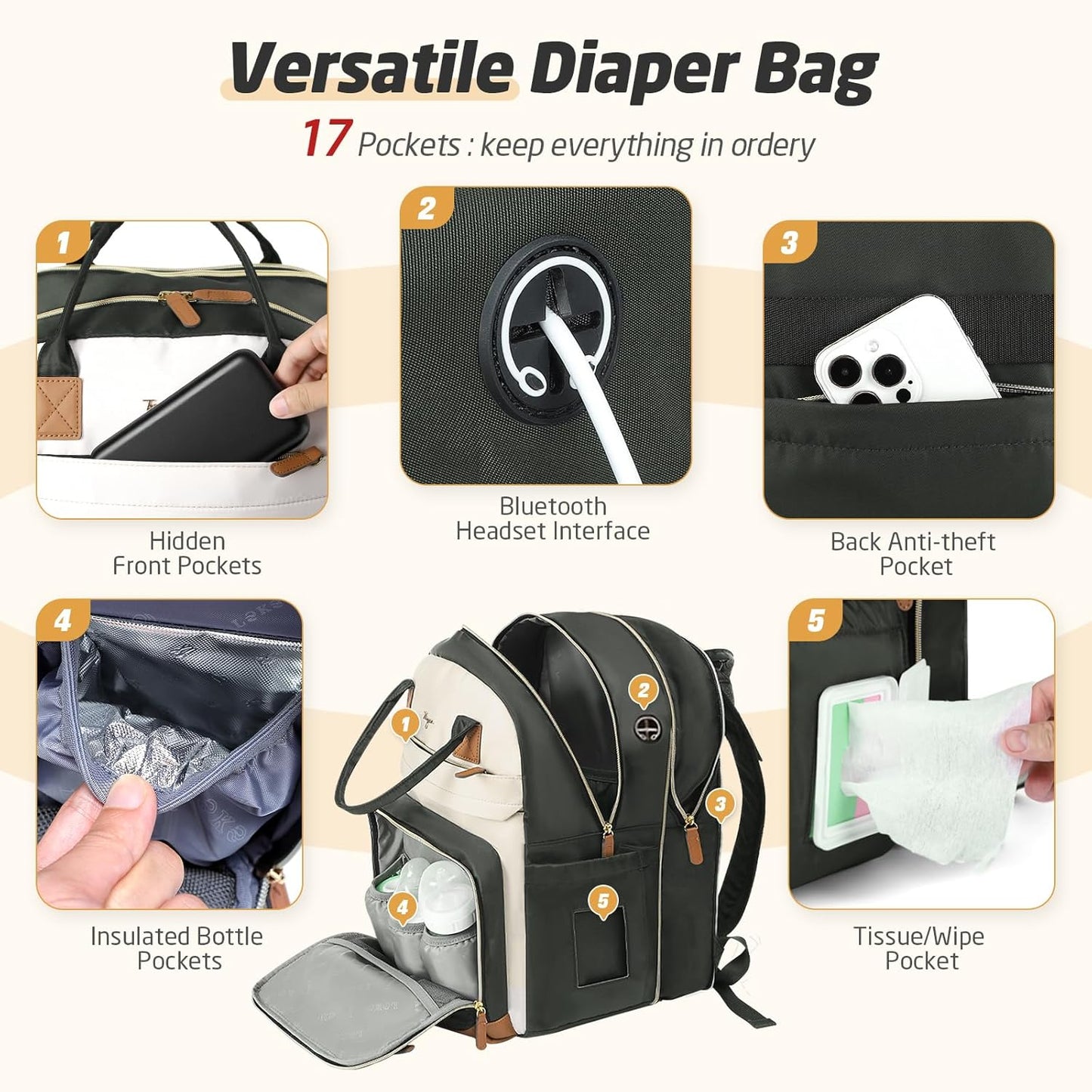 Diaper Bag Backpack - Extra Large Diaper Bag for 2 Kids Twin, Travel Baby Bags for Mom Dad 25-37L Expandable with Changing Pad Earphone Hole, Apricot Grey
