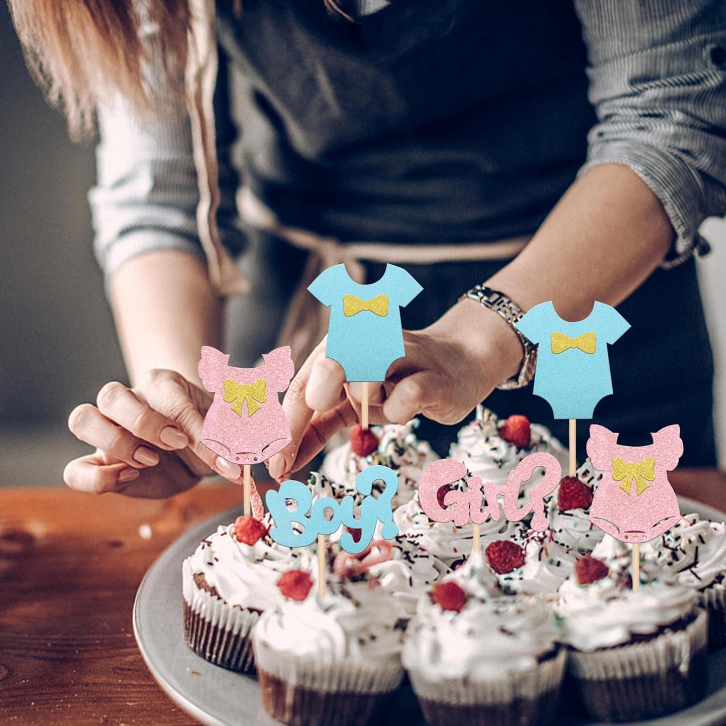 Rsstarxi 24pcs Cake Topper Paper Boy or Girl Toppers with Glitter Bow Tie Skirt, for Baby Shower, Birthday & Gender Reveal Party Decorations
