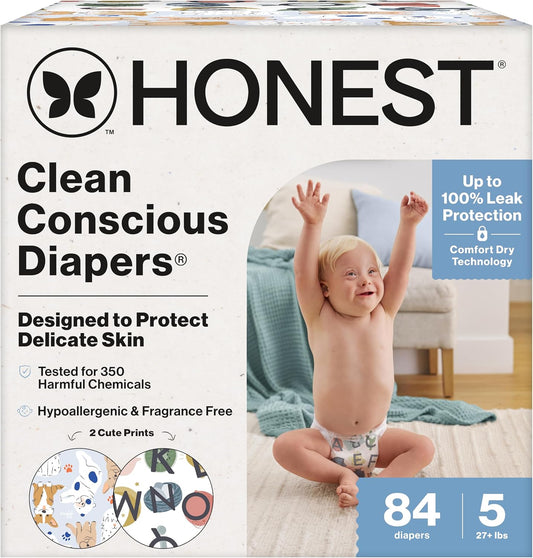 The Honest Company Clean Conscious Diapers for Sensitive Skin, Up to 100% Leakproof Hypoallergenic Fragrance-Free Baby Diapers, Gender Neutral Prints, Super Club Box, Size 5 (27+ lbs), 84 Count