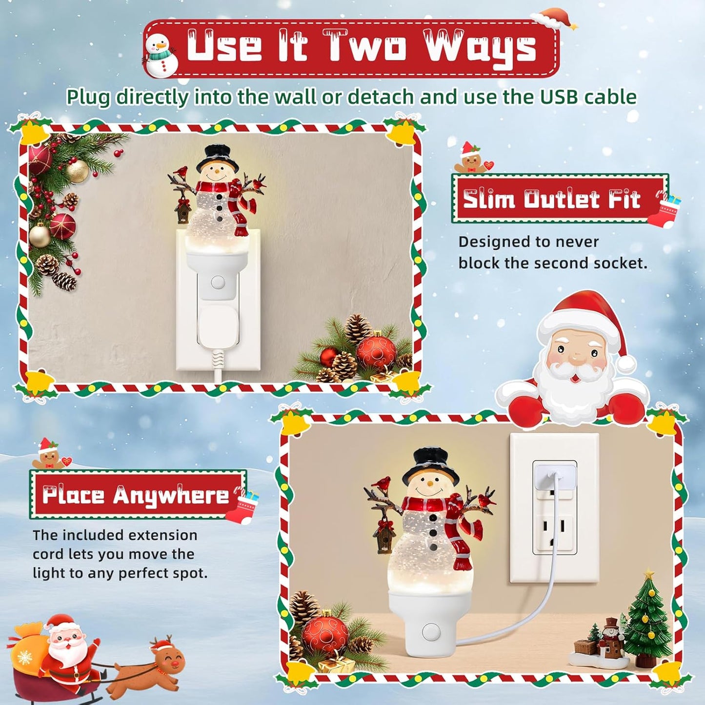 Christmas Snowman Night Light Plug into Wall Water Swirling Glitter USB Portable Christmas Decorative Night Light Decoration for Kids Adults Bedroom Kitchen Living Room Holiday Decor (Snowman)