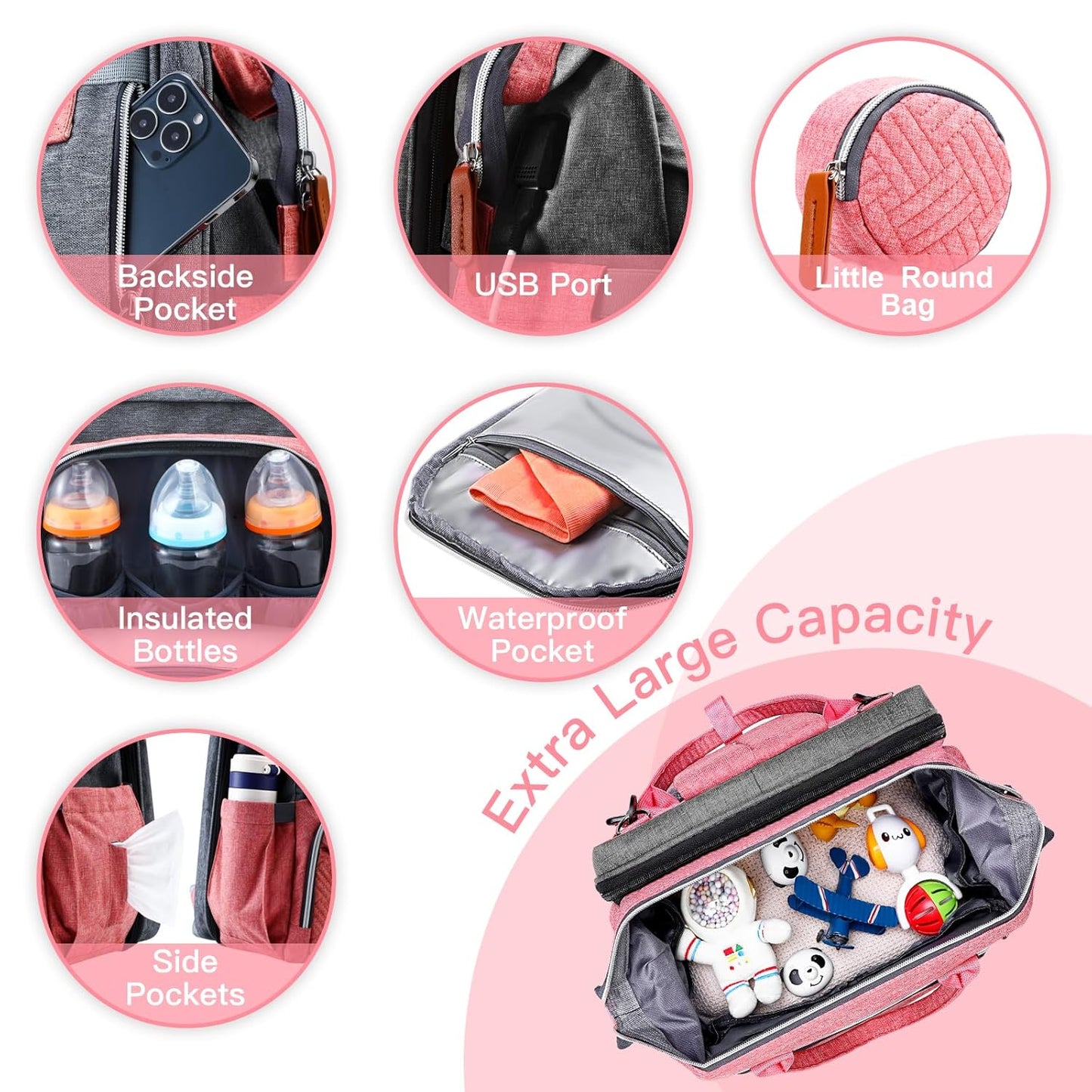 Diaper Bag Backpack with Changing Station, Large Diaper Bag, Baby Bag, Multifunctional Diaper Bag, Pinkgray