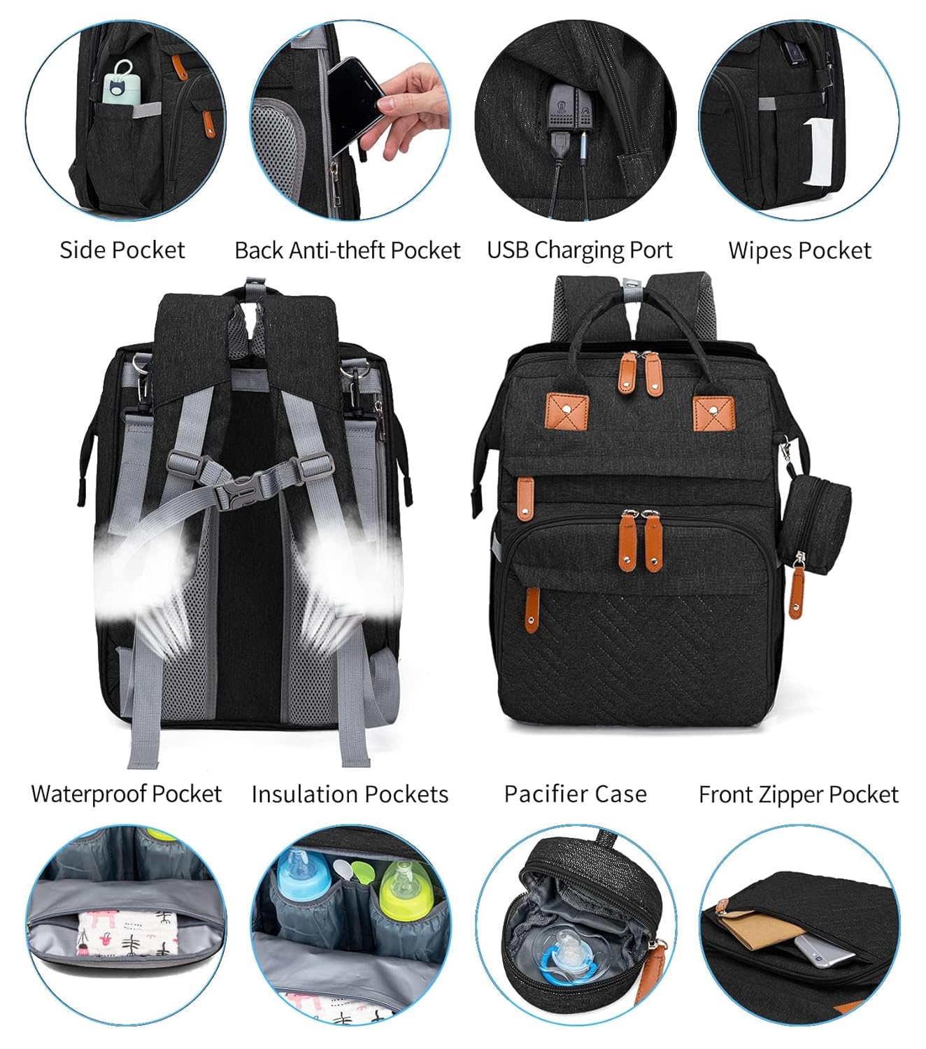 KABAQOO Diaper Bag Backpack with Detachable Changing Station, Large Capacity Baby Diaper Bags for Boys & Girls, Baby Registry Search Stuff & Shower Gifts, Newborn Essentials Must Haves, Black-2s
