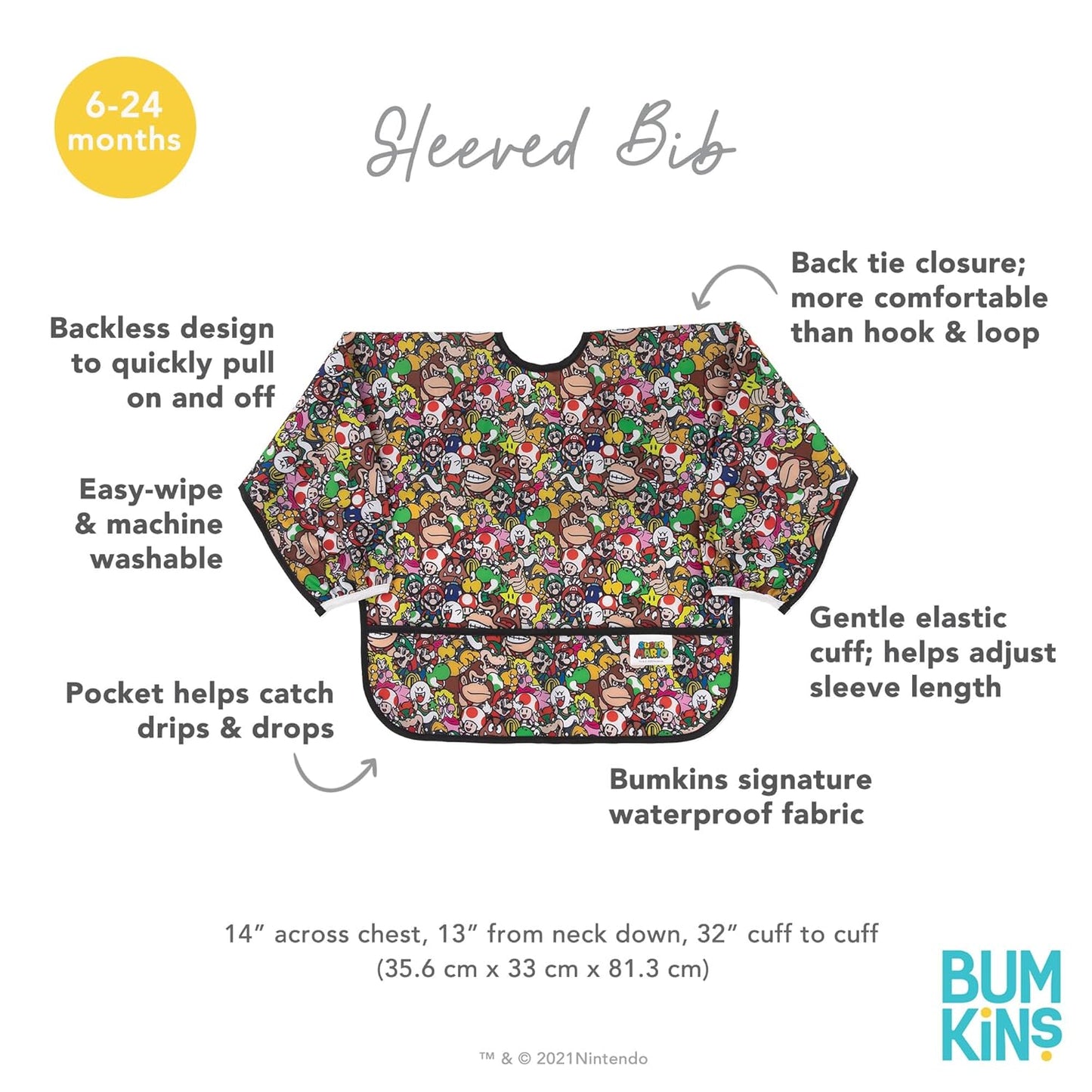 Bumkins Sleeved Bib for Girl or Boy, Baby and Toddler for 6-24 Mos, Essential Must Have for Eating, Feeding, Baby Led Weaning Supplies, Long Sleeve Mess Saving Food Catcher, Nintendo Super Mario