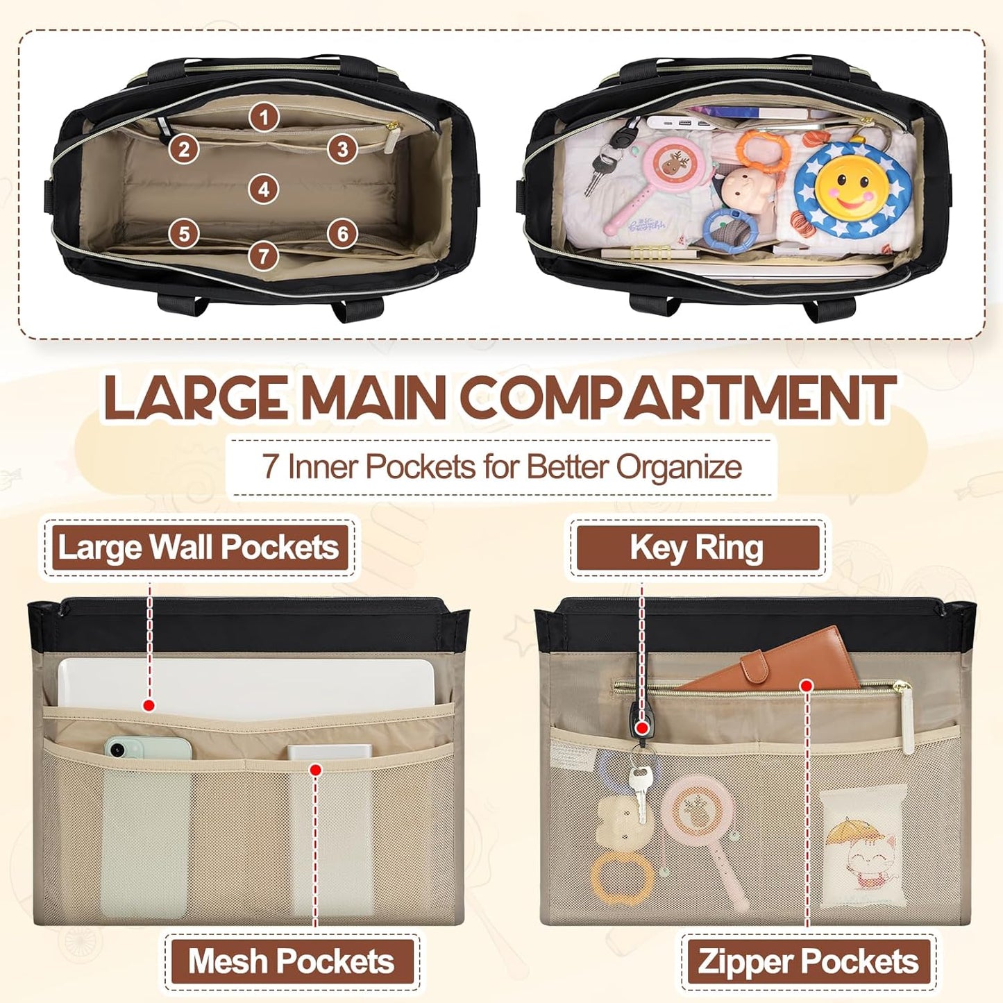 RAINSMORE Diaper Bag Tote, Large Diaper Baby Bag Waterproof Multifunctional Diaper Bag with Pacifier Case & Changing Pad