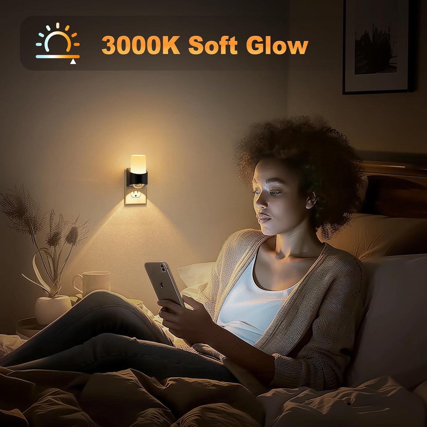 JandCase LED Night Lights Plug into Wall, Decorative Night Light with Dusk to Dawn Sensor, Adjustable Brightness, 3000K Warm White Nightlight Plug in for Kids, Bathroom, Hallway, Bedroom, Stairway