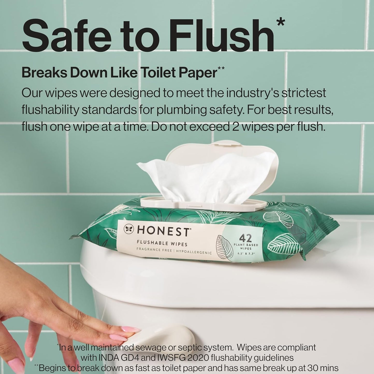 The Honest Company Flushable Wipes for Sensitive Skin, Fragrance-Free Hypoallergenic pH-Balanced Feminine Wipes, 99% Water Safe-to-Flush Wipes, Tropical Leaves, 126 Count