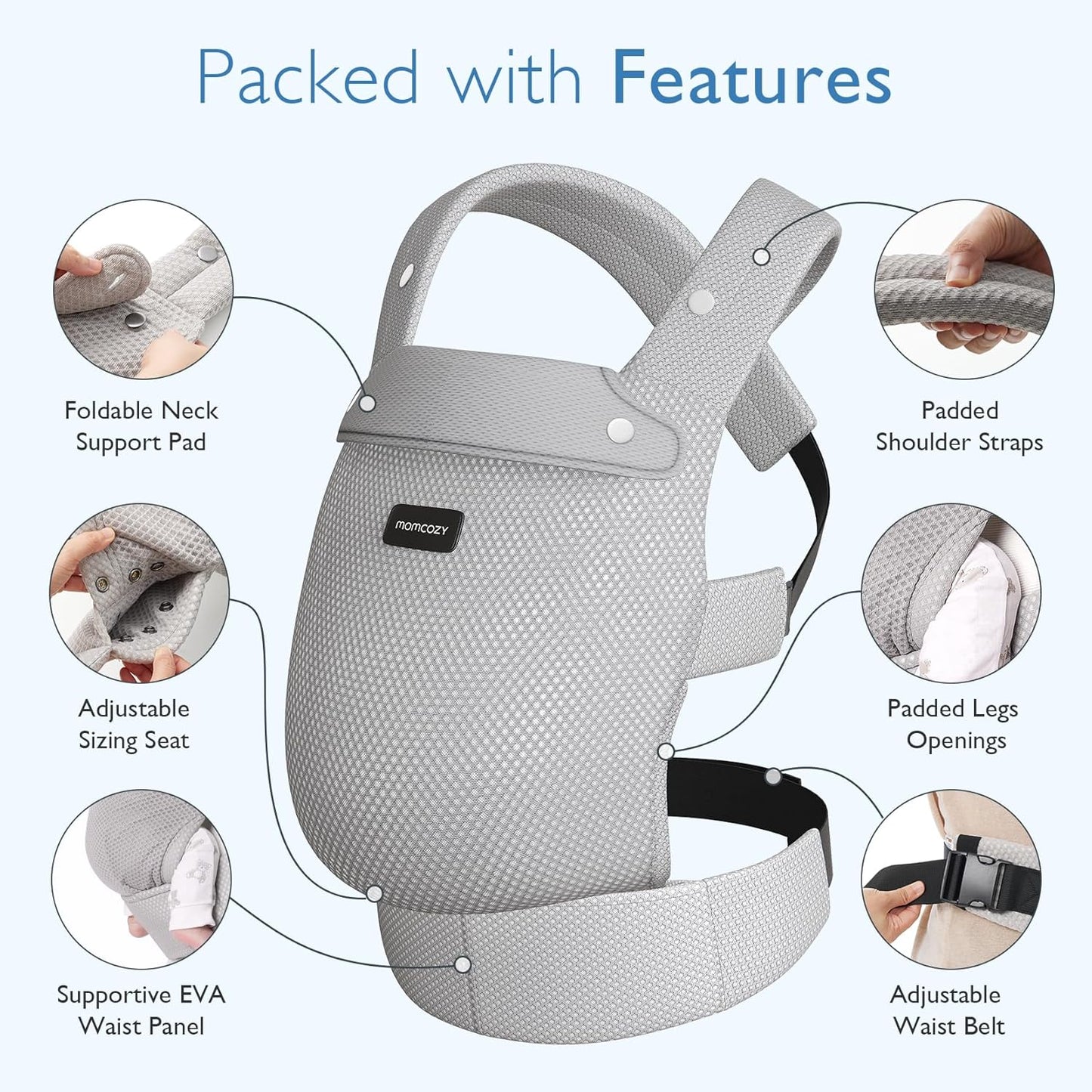 Momcozy Breathable Mesh Baby Carrier, Ergonomic and Lightweight Infant Carrier for 7-44lbs with Enhanced Lumbar Support, All Day Comfort for Hands-Free Parenting, Air Mesh-Grey