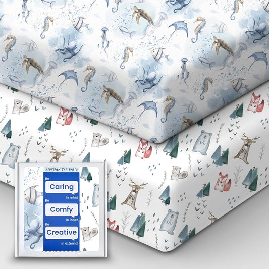 Pack and Play Sheets Fitted, Ultra Soft Mini Crib Sheets Boy, Neutral Pack N Play Mattress Sheets Hypoallergenic and Soothing, Premium Jersey Playard Sheets, Safari Animals, 2 Pack