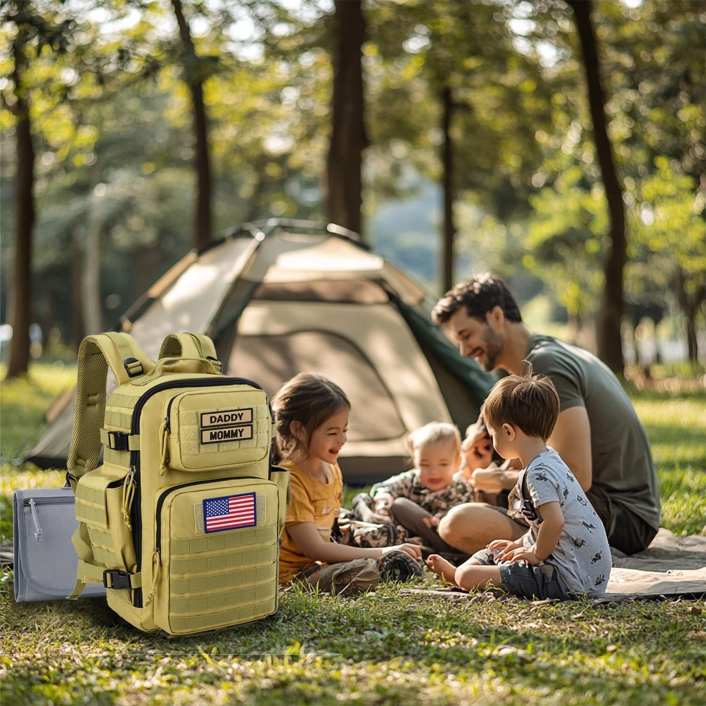 SHARKMOUTH Military Diaper Bag for Baby - Large Baby Backpack with Changing Pad for Boy Girl - Army Dad Diaper Bag for Hiking Travel Camping Trips Tan