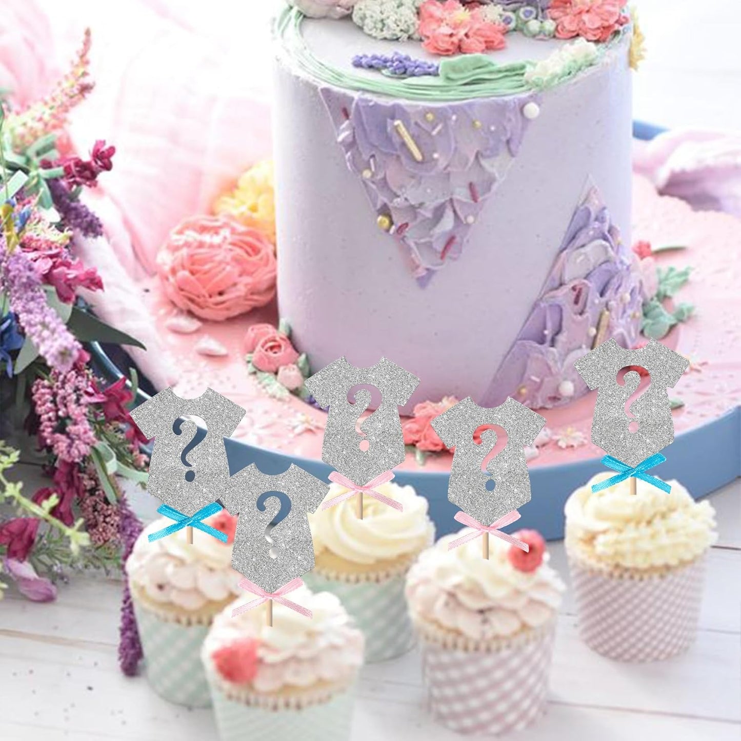 Rsstarxi 24 Pack Gender Reveal Cupcake Toppers Pink or Blue Bow Tie Boy or Gir Cupcake Picks Decorations for Baby Shower Gender Reveal Party Cake Decorations Silver
