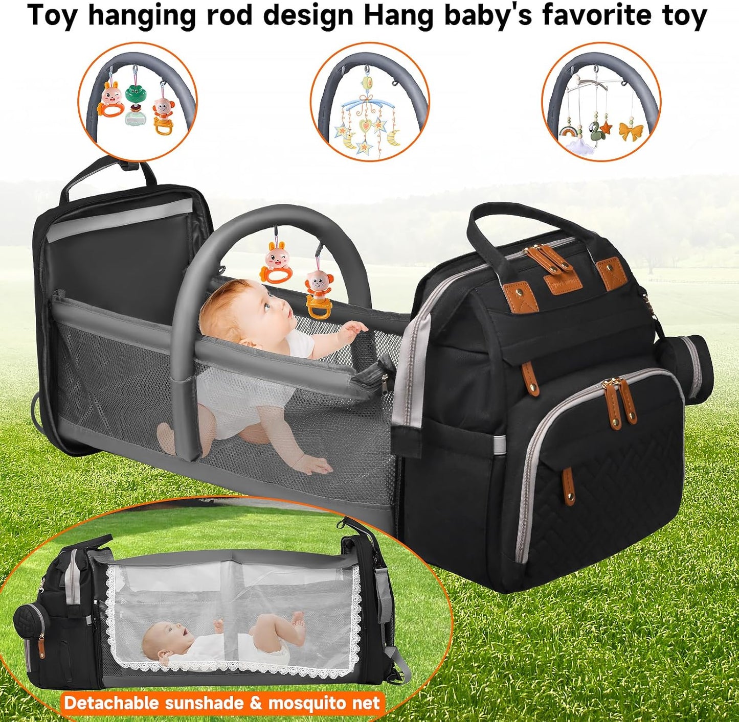 Baby Diaper Bags with Changing Station, Large Capacity Diaper Bag Backpack for Moms Dads with USB Charging Port,Travel Baby Bag with Pacifier Case & Stroller Straps(Up-Black)