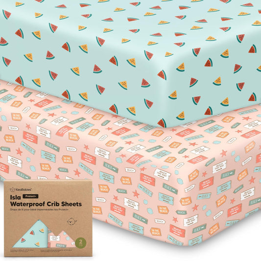 2-Pack Waterproof Baby Crib Sheets for Boys, Girls - 52x28 Viscose Derived from Bamboo Toddler Bed Sheet Neutral, Fitted Crib Mattress Protector Cover for Baby Bedding, Soft & Gentle (Beach Day)