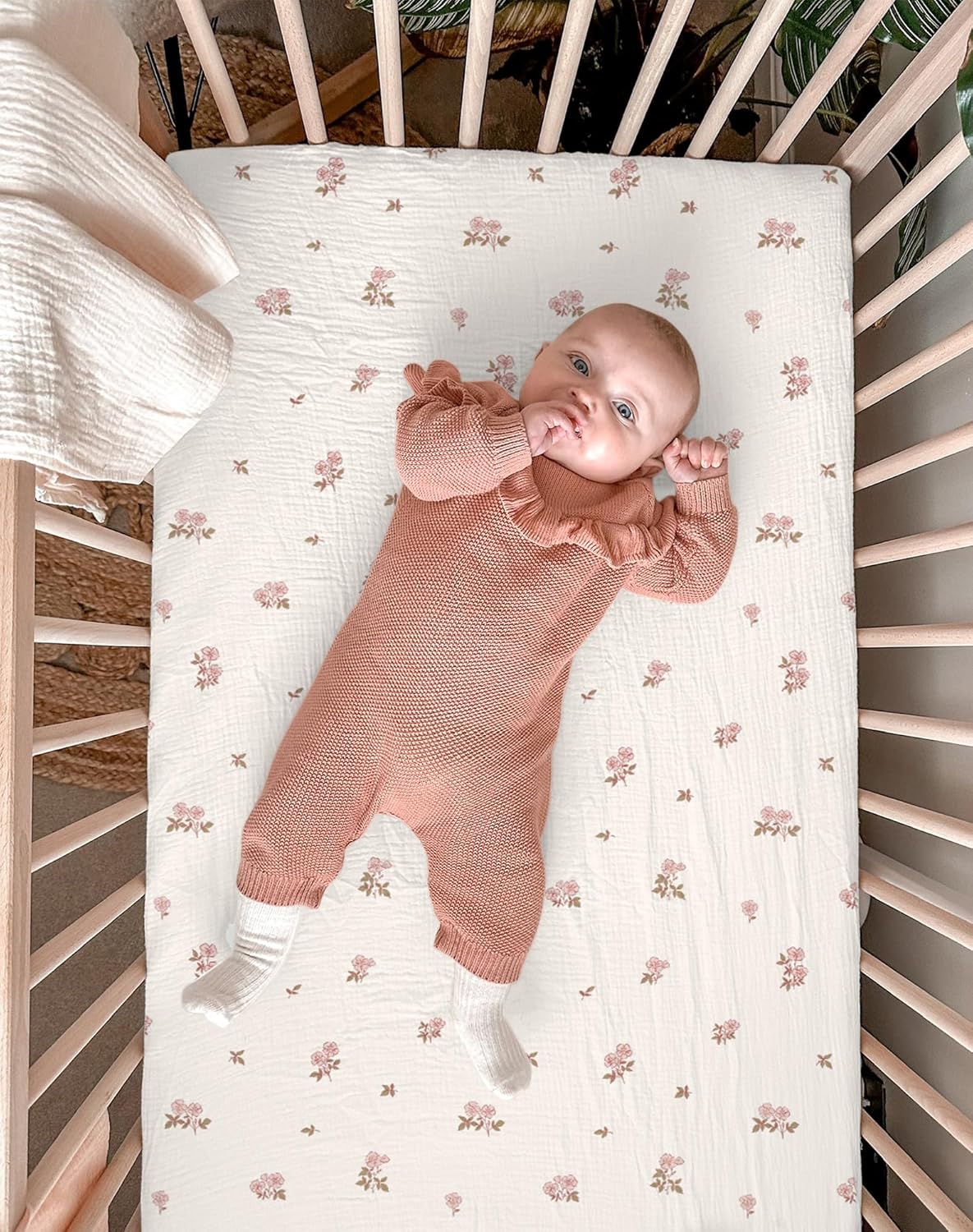 Mini Crib Sheets for Baby Boy Girl 2 Pack, Neutral Mini Crib Mattress Sheet 24" x 38", Muslin Nursery Bedding Soft and Breathable Comfort (Vintage Blossom & Pink)