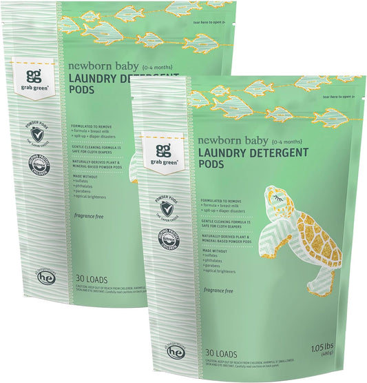 Grab Green Newborn Baby Laundry Detergent Pods, 60 Loads, Fragrance Free, Mineral Based, Non-Toxic, Stain Remover