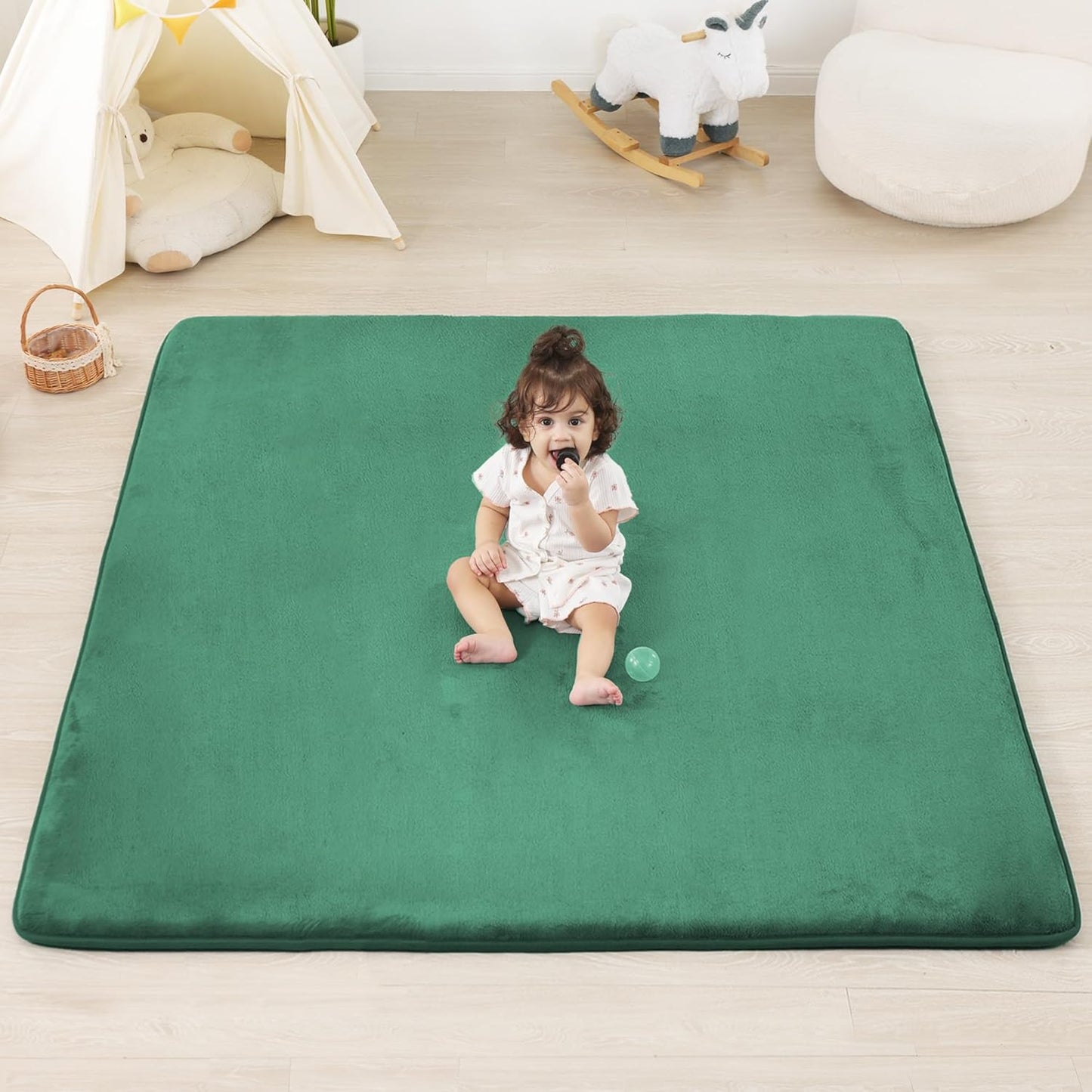 1.3" Thick Baby Floor Play Mat 50x50, Basic Padded Foam Mat for Tummy Time Crawling, Non Slip Cushioned for Babies Toddlers Infants Kids (Dark Green)