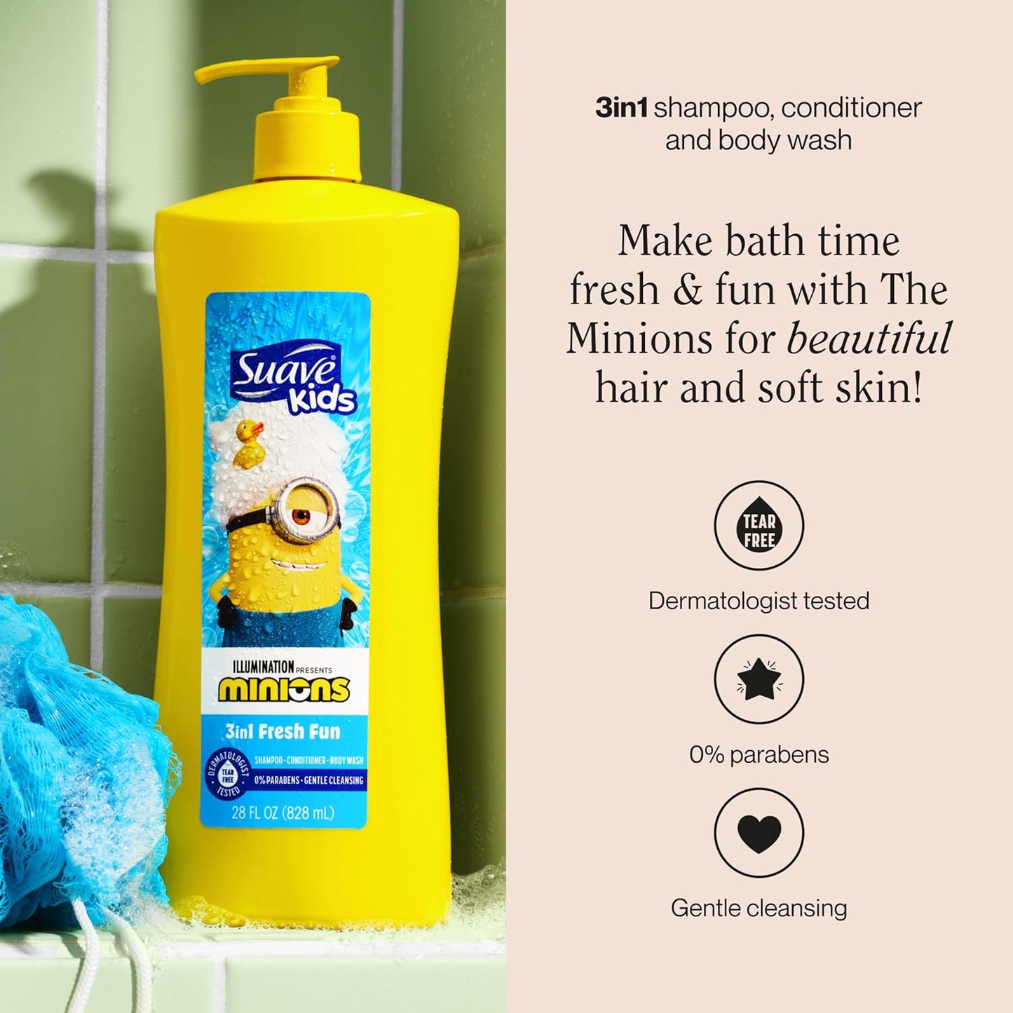 Suave Kids Minions 3-In-1 Shampoo, Conditioner, and Body Wash, For Tear-Free and Gentle Cleansing, 28 oz(Pack of 4)