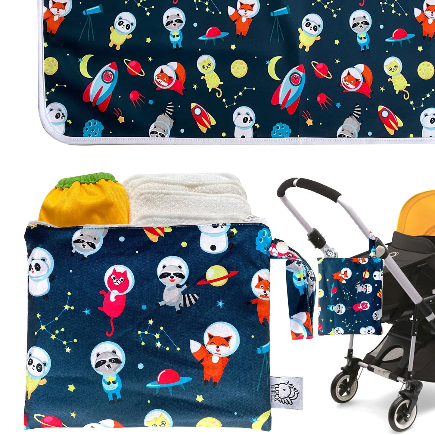 Flockthree Waterproof Baby Changing Pad with Storage Bag (28.7" X 19.7") Washable Wipeable Reusable Leak Proof Diaper Travel Mat Station Changing Mattress Liner Cribs Bed Cover, Aircraft