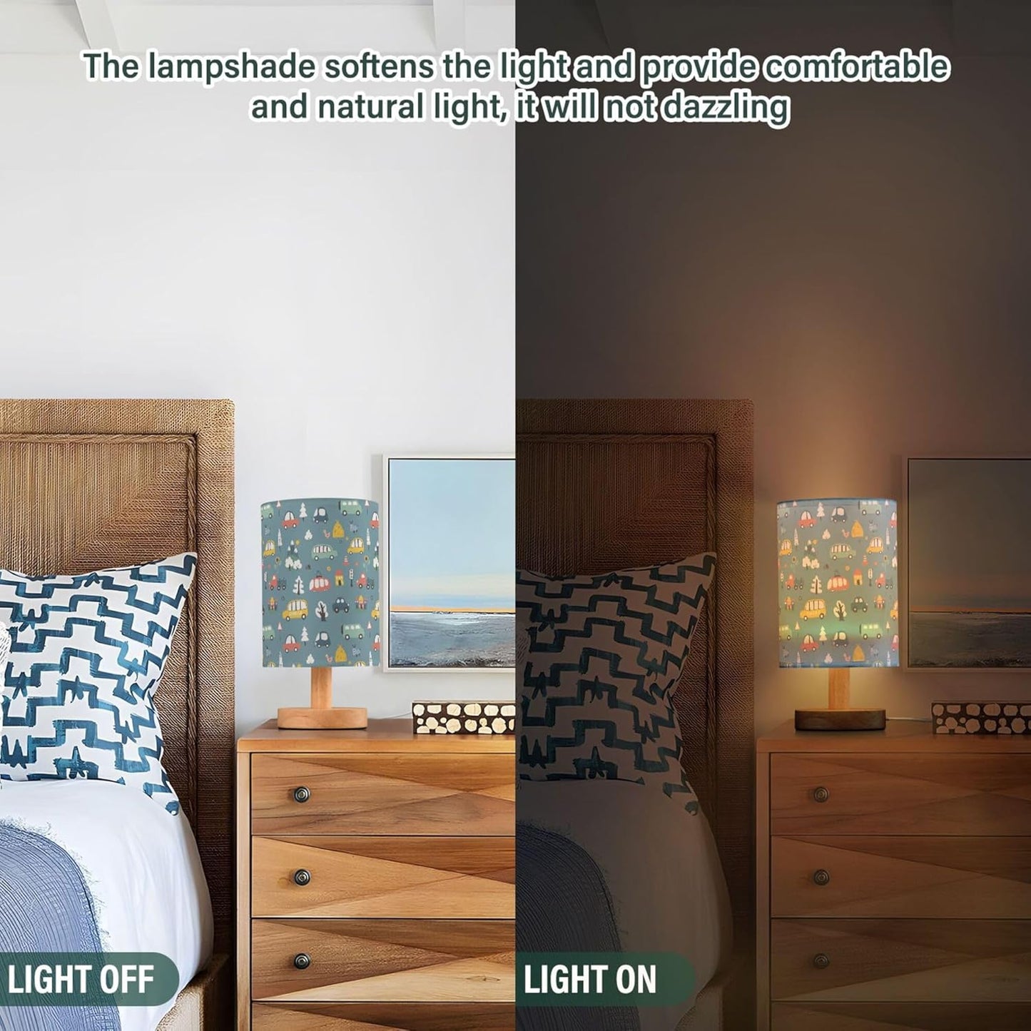 Table Lamp Cute Cars Pattern Cartoon Transportation Doodle Nightstand Lamp with Wood Base Fabric Lamp Shade Bedside Desk Lamp for Living Room Bedroom Kids Room Office