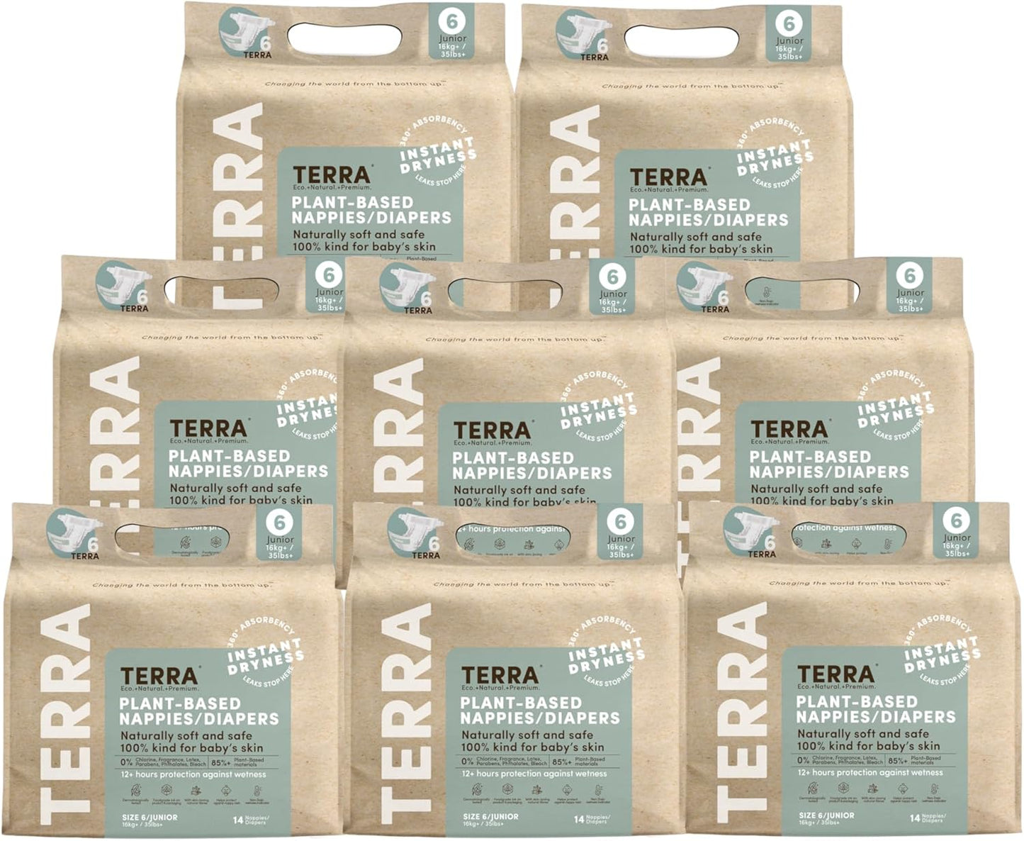 Terra Size 6 Plant-Based Diapers: Ultra-Soft & Chemical-Free for Sensitive Skin, Superior Absorbency for Day or Night, Designed for Toddlers 35+ Pounds, 112 Count