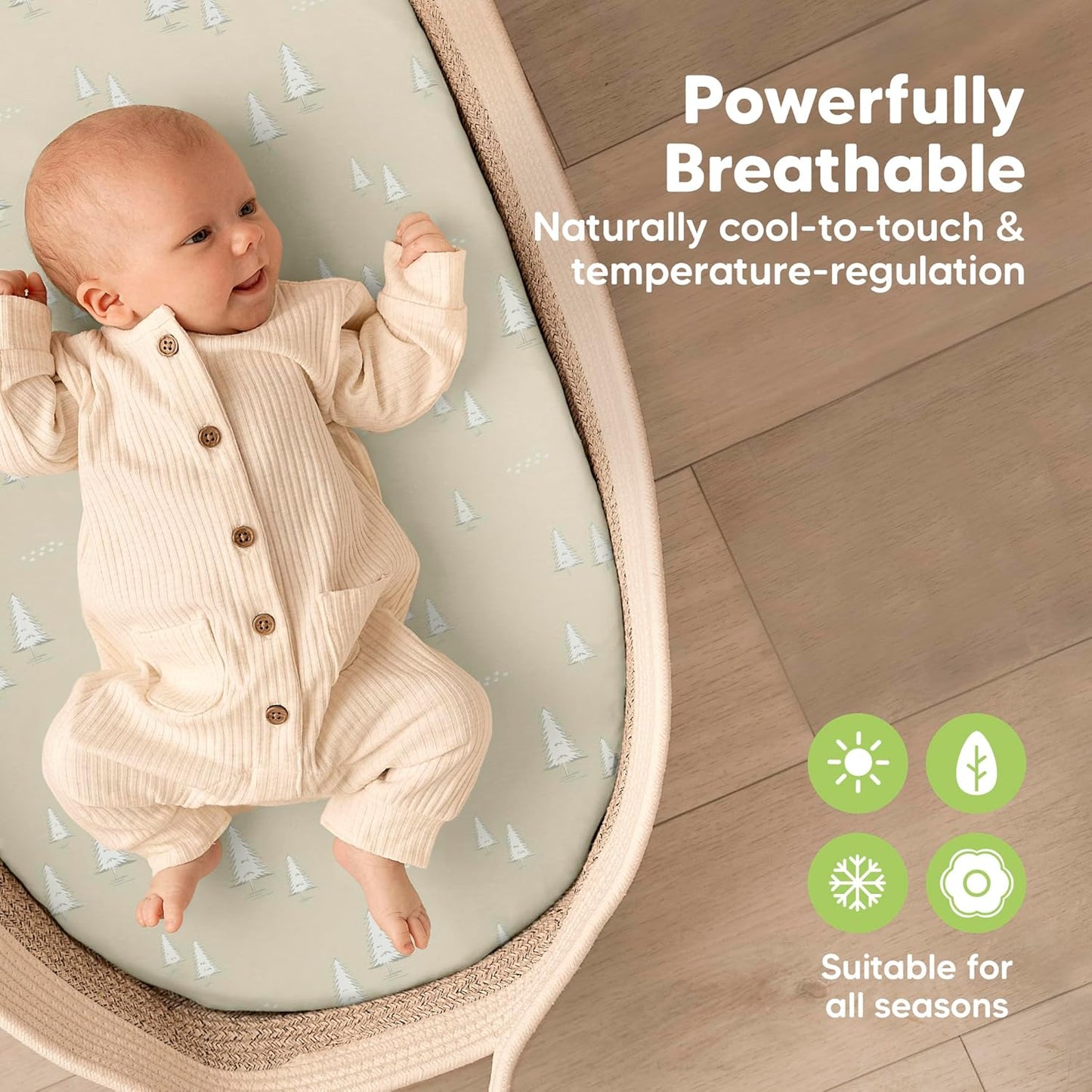 2-Pack Baby Bassinet Sheets Girl, Boy - 33x17 Viscose Derived from Bamboo Bedside Mattress Fitted Bassinet Sheets, Compatible with Halo Bassinest Swivel Sleeper, Baby Delight, Graco (Pine Grove)