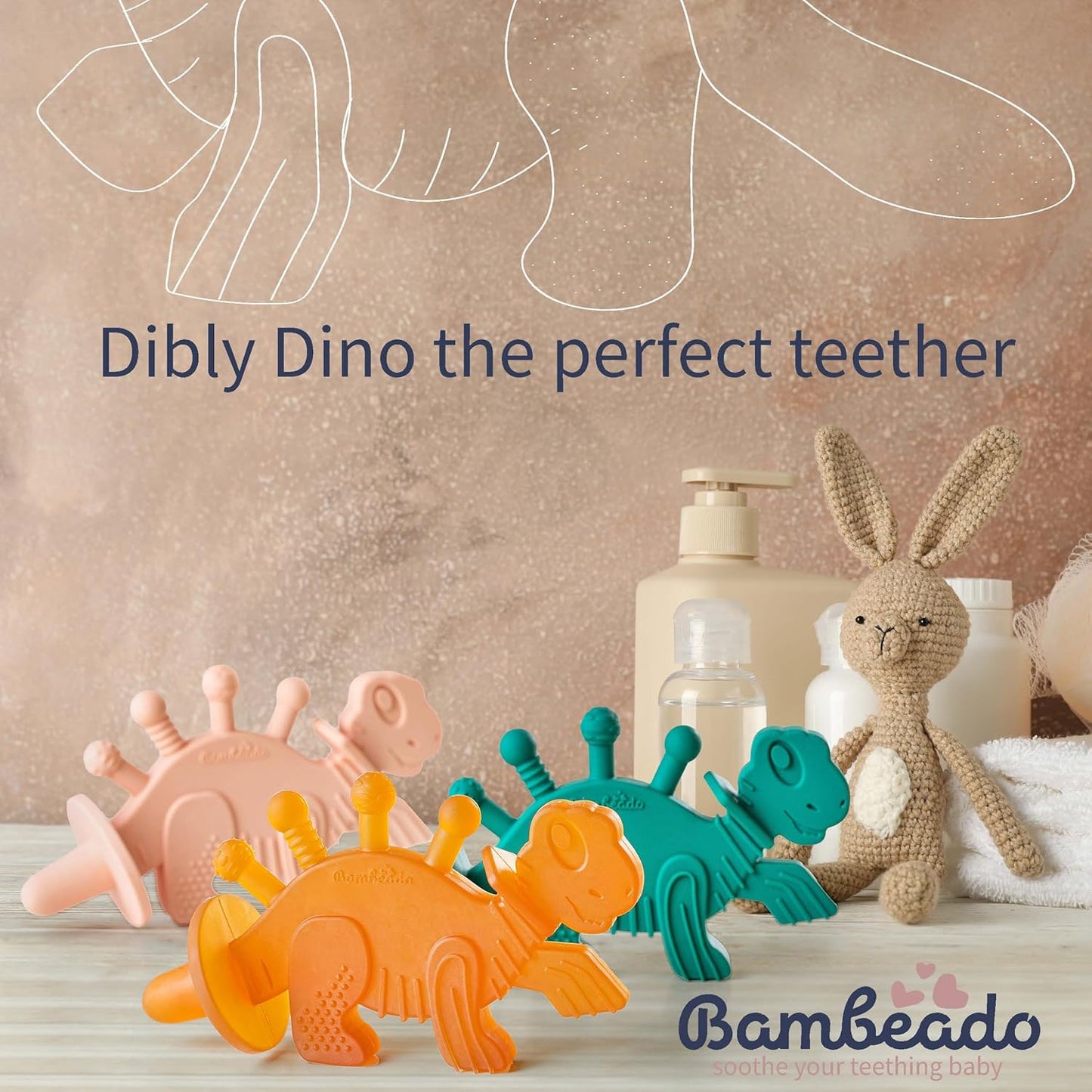 Bambeado Baby Teether Toy: Dibly - The Dino Baby Teething Toys BPA-Free Teethers Inspired by Nature with Natural Rubber Pacifier