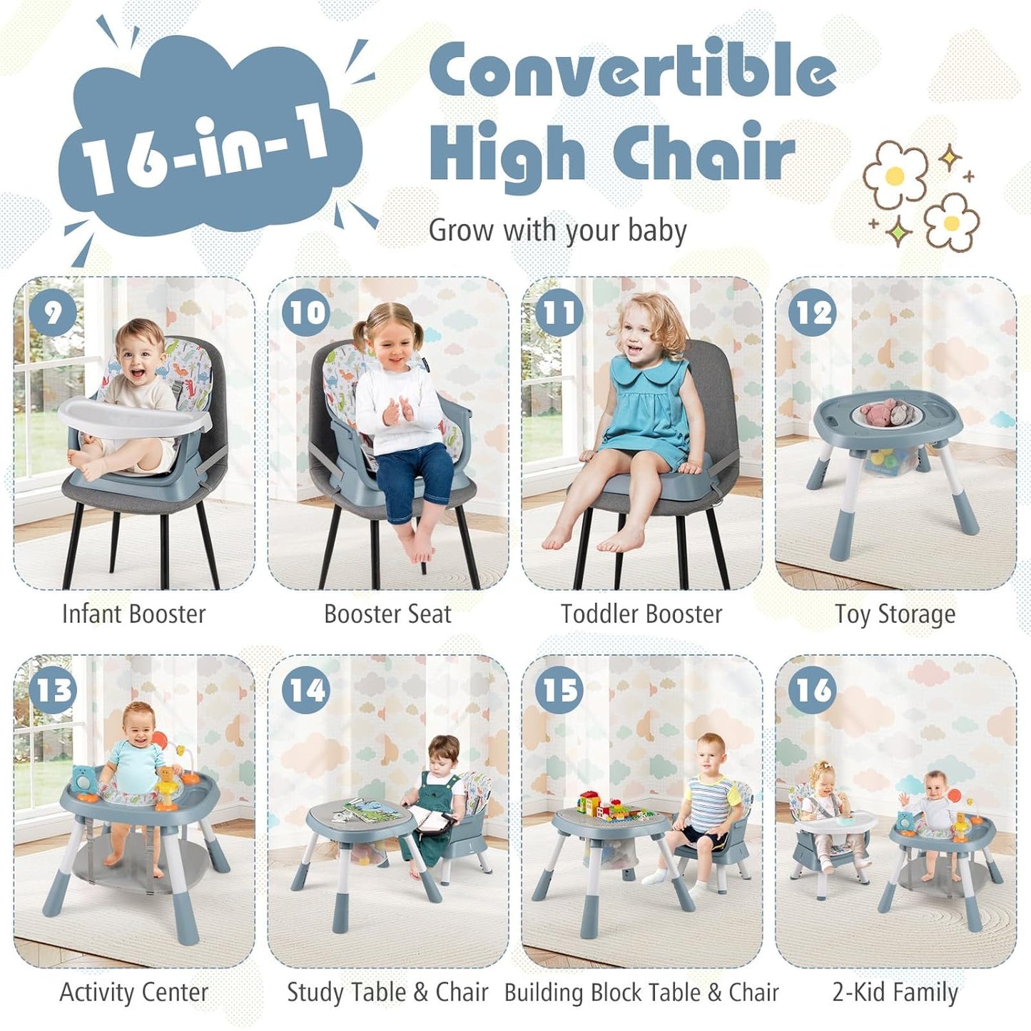 KOTEK 16 in 1 Convertible High Chair, Baby Highchair & Activity Center with Toys, Booster Seat, Building Block Table, Toddler Chair with 5-Point Harness, Removable Tray & Cushion (Blue)