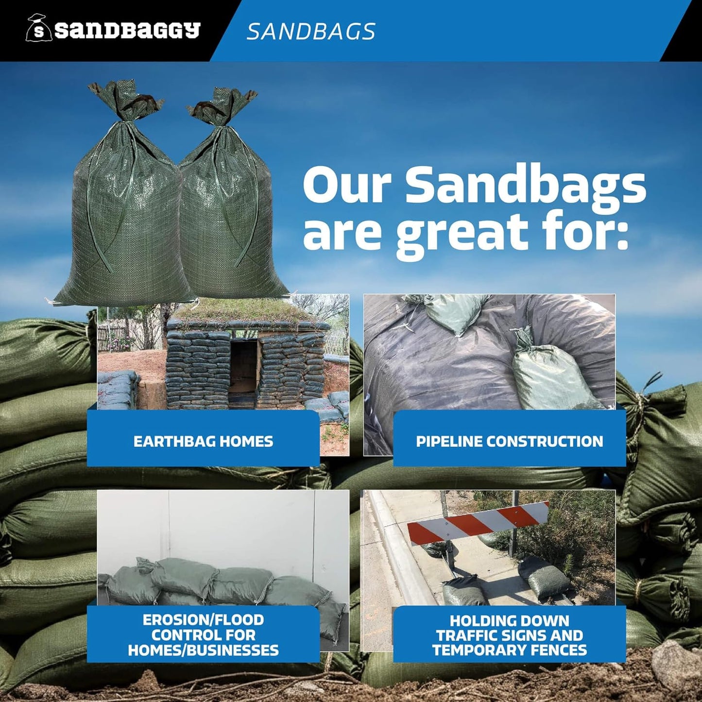 Sandbaggy - Heavy Duty Empty Sandbags For Flooding (14" X 26") - Poly Sand Bags - Flood Barrier, Weight, Construction, Earth Bag Homes - Reusable, UV Resistant - Tie Strings Attached (100 Bags)