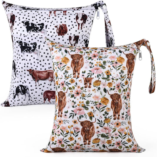 2pcs Cloth Diaper Wet Dry Bags Waterproof Reusable with Two Zippered Pockets Travel Beach Pool Stroller Daycare Soiled Baby Items Yoga Gym Bag for Swimsuits or Wet Clothes - Highland Cow
