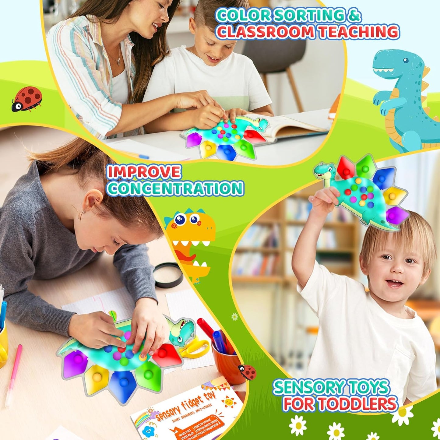 Christmas Stocking Stuffer Gift for Toddler Grandkid Dinosaur Color Sorting Sensory Toy Fine Motor Game Roadtrip Travel Essential Autism Dementia Fidget Preschool Classroom Activities for Kid Aged 3-5