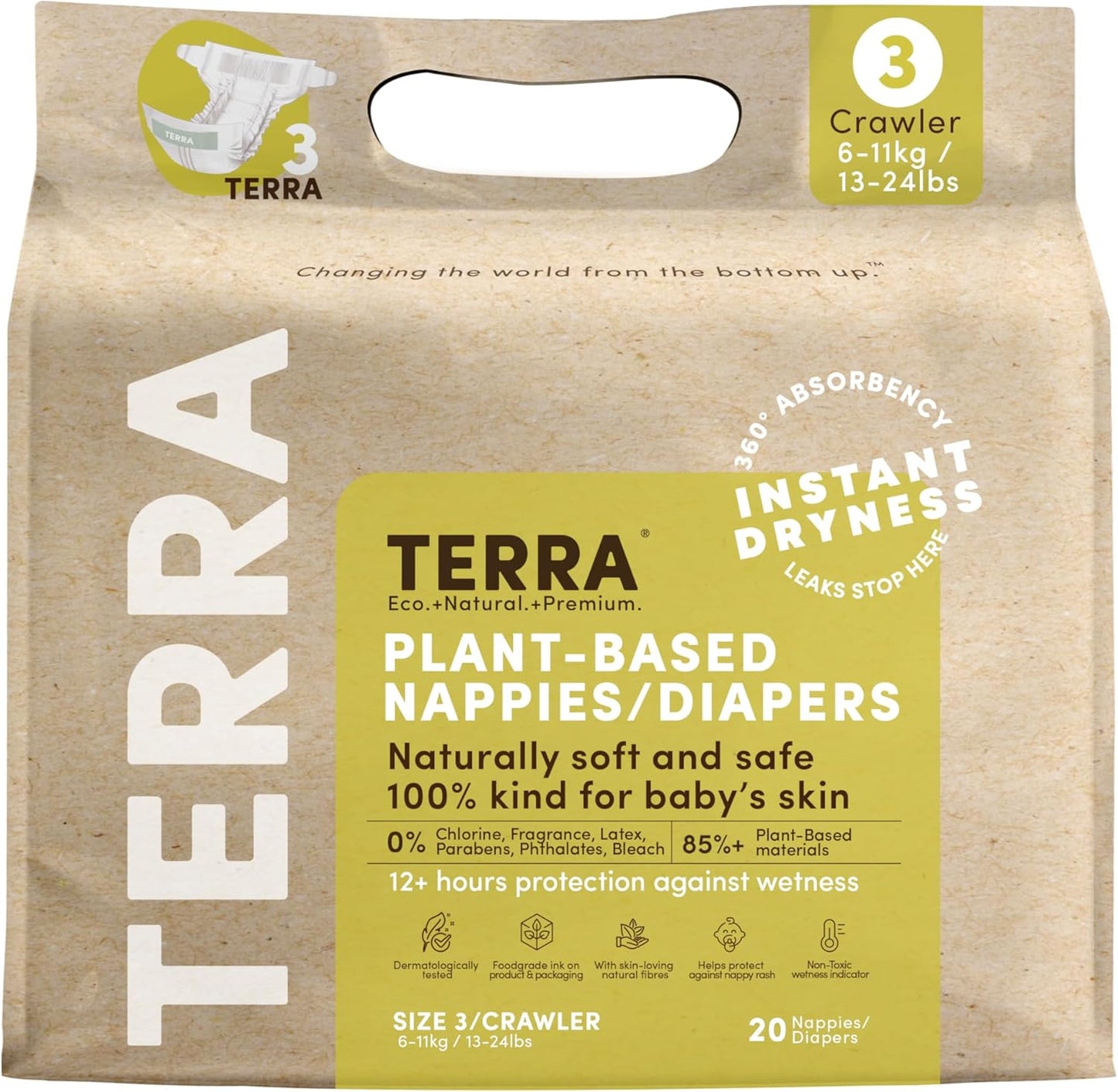 Terra Size 3 Diapers: 85% Plant-Based, Ultra-Soft & Chemical-Free for Sensitive Skin, High Absorbency for 13-24 lb Babies, 20 Count