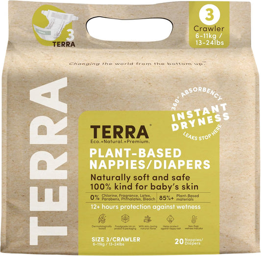 Terra Size 3 Diapers: 85% Plant-Based, Ultra-Soft & Chemical-Free for Sensitive Skin, High Absorbency for 13-24 lb Babies, 20 Count