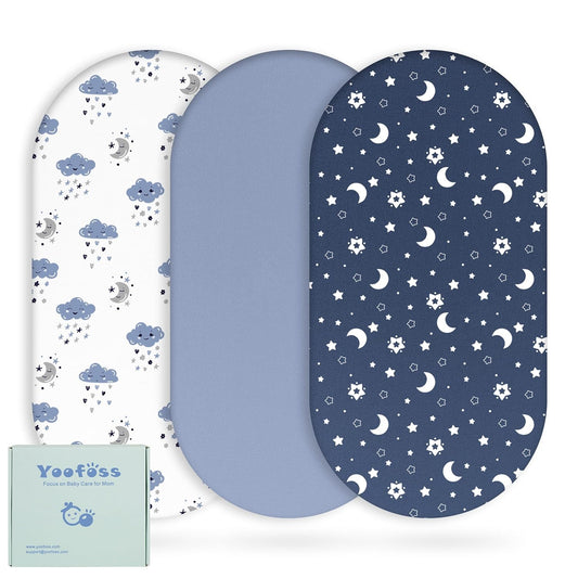 Yoofoss Bassinet Sheets for Baby,3-Pack Fitted Bassinet Sheets Set Compatible with Halo Bassinest Swivel Sleeper,Baby Delight,Angelbliss,Soft Breathable Bassinet Mattress Sheets(Blue+Cloud)