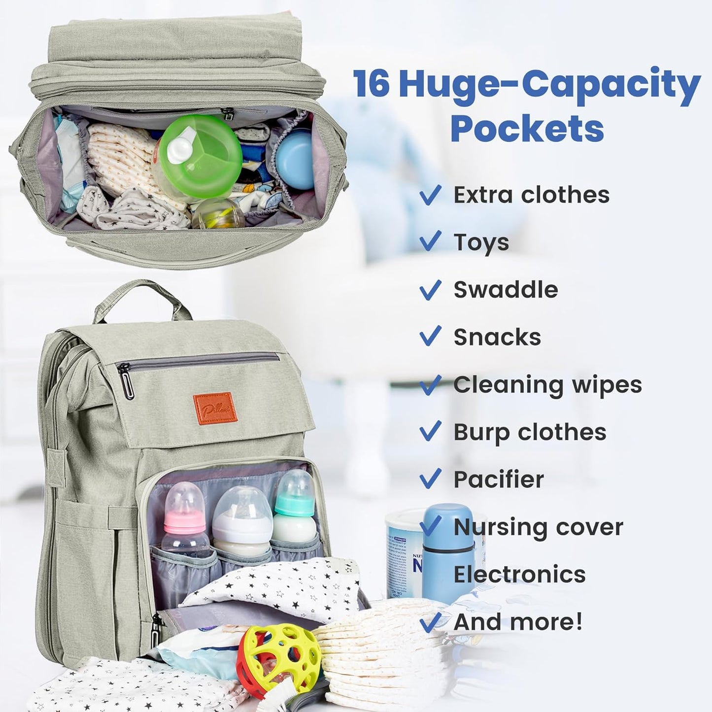 PILLANI Baby Diaper Bag Backpack - Large Bag for Boys & Girls, Waterproof Diaper Backpack - Travel Diaper Bags w/Changing Pad, Baby Registry Search & Shower Gifts - Essentials Must Haves Newborn Stuff