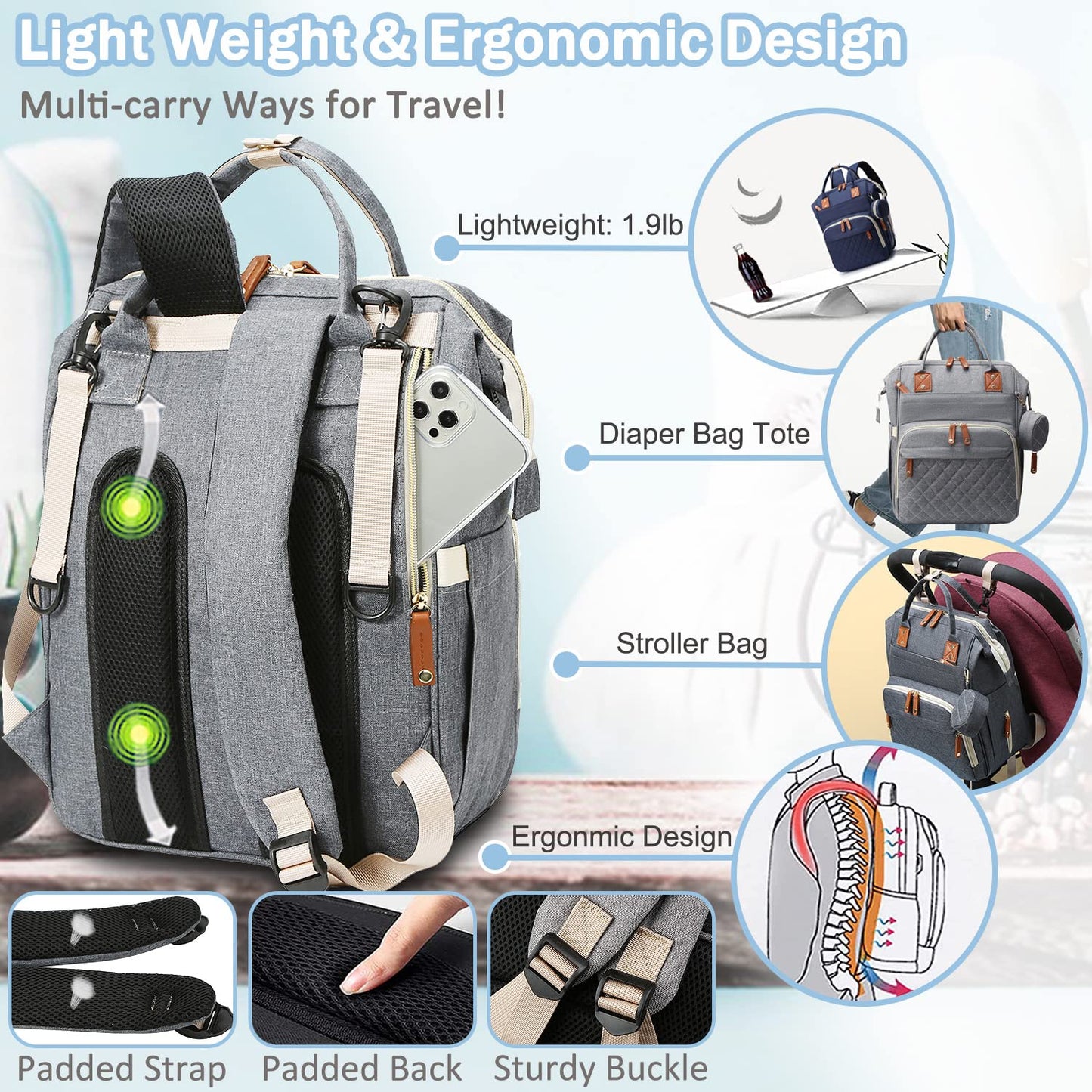 Diaper Bag Backpack Baby Bag, Baby Girl Boy Diaper Bag for Dad Mom with Pad, 16 Pockets, Pacifier Case, Large Diaper Bags Unisex for Travel (Grey)