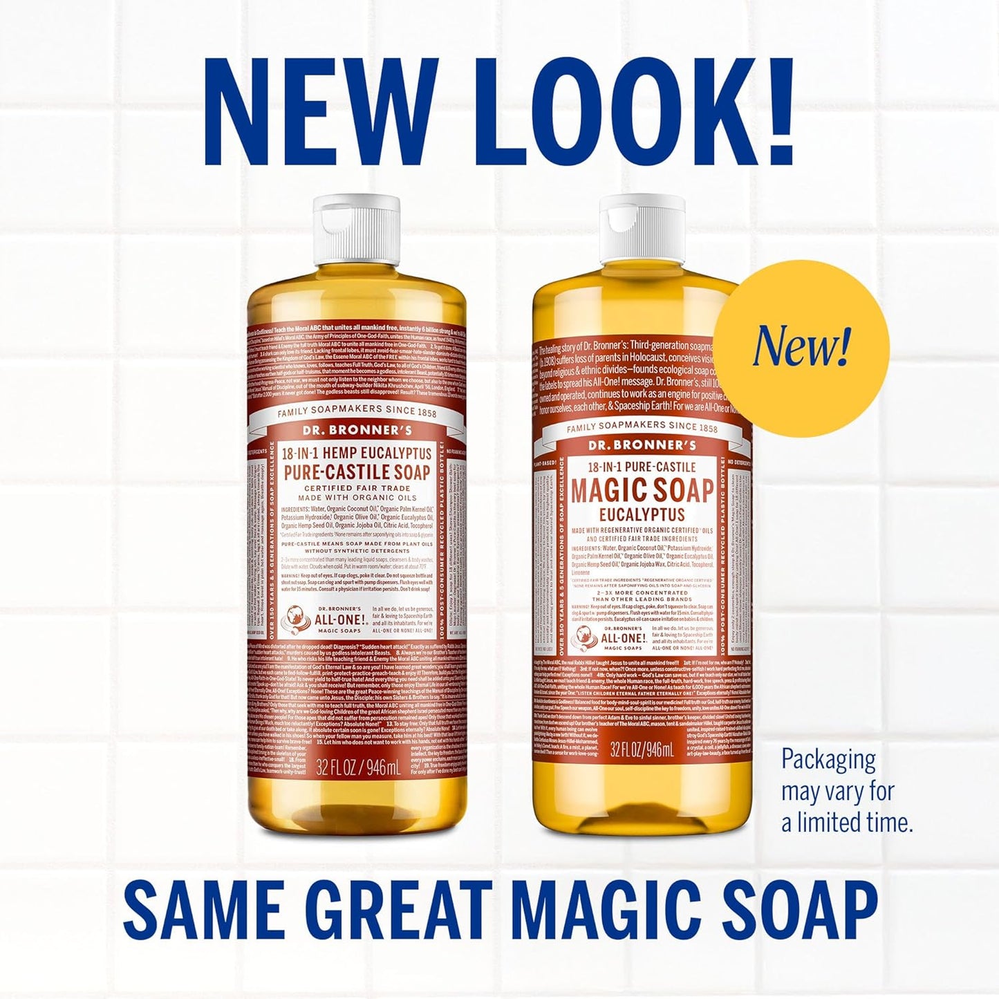 Dr. Bronner's Pure-Castile Liquid Magic Soap Bottle & Refill Carton - Made with Regenerative Organic Certified Oils- 18-in-1 Uses for Face, Body Wash, Hand Soap Refill- Eucalyptus, 32oz + Refill