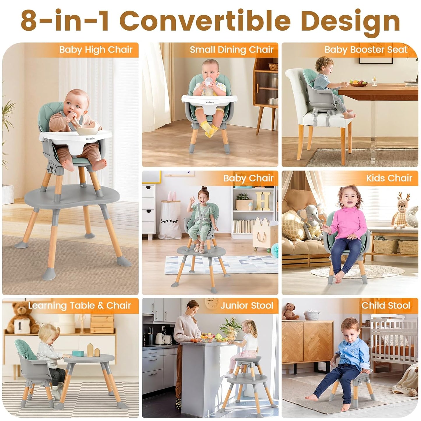 Ezebaby Convertible Baby High Chair with Table & Seat, 8-in-1 Adjustable Toddler Feeding Chair, Multi-Stage Infant to Kid Dining Booster Seat with Safety Harness, Easy to Clean & Sturdy Design(Green)