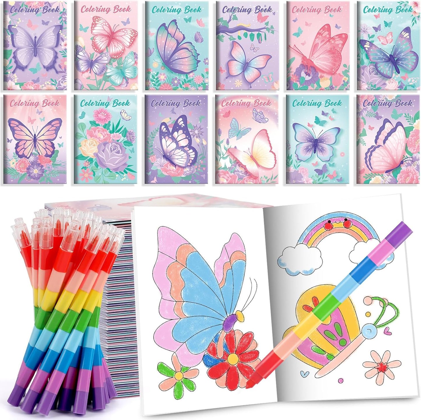 BenLouis 12 Butterfly Mini Coloring Books Kids with 12 Stacking Crayons Butterfly Theme Party Favors Small Activity Books Bulk for Kids Spring Fairy Birthday Party Gift Goodie Bag Stuffers