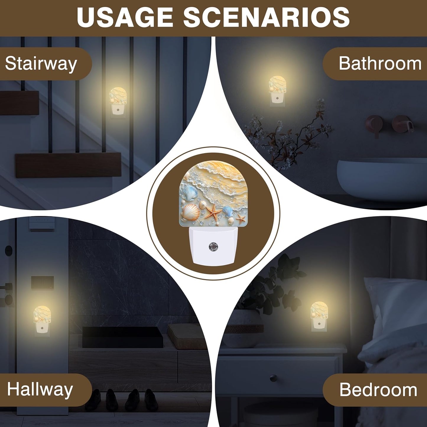Night Light, Seashells and Seastars on Beach Night Lights Plug into Wall Dusk to Dawn Sensor Round Nightlight for Women Men Energy Efficient Led Lamp 0.5W for Stairway Hallway Bedroom