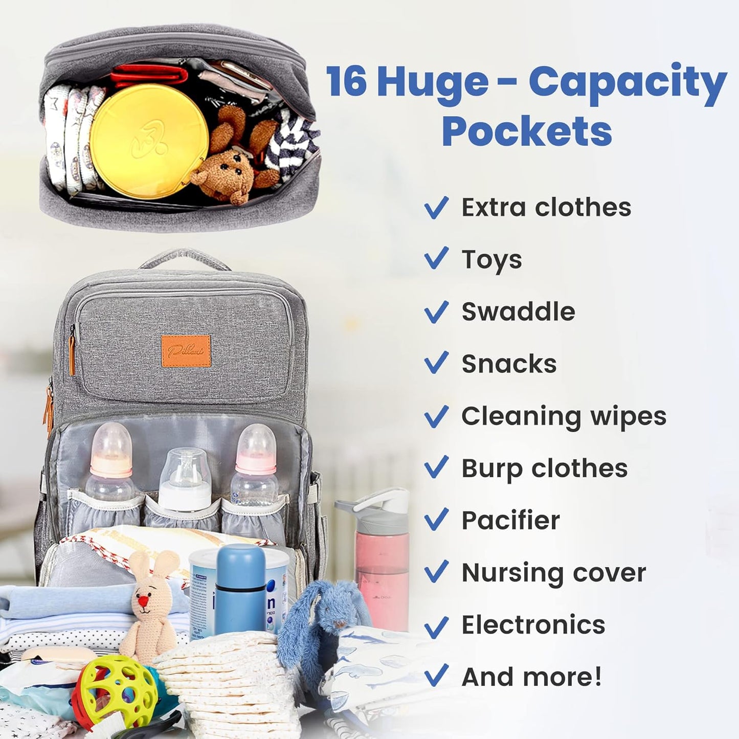 PILLANI Baby Diaper Bag Backpack - Large Bag for Boys & Girls, Waterproof Diaper Backpack - Travel Diaper Bags w/Changing Pad, Baby Registry Search & Shower Gifts - Essentials Must Haves Newborn Stuff