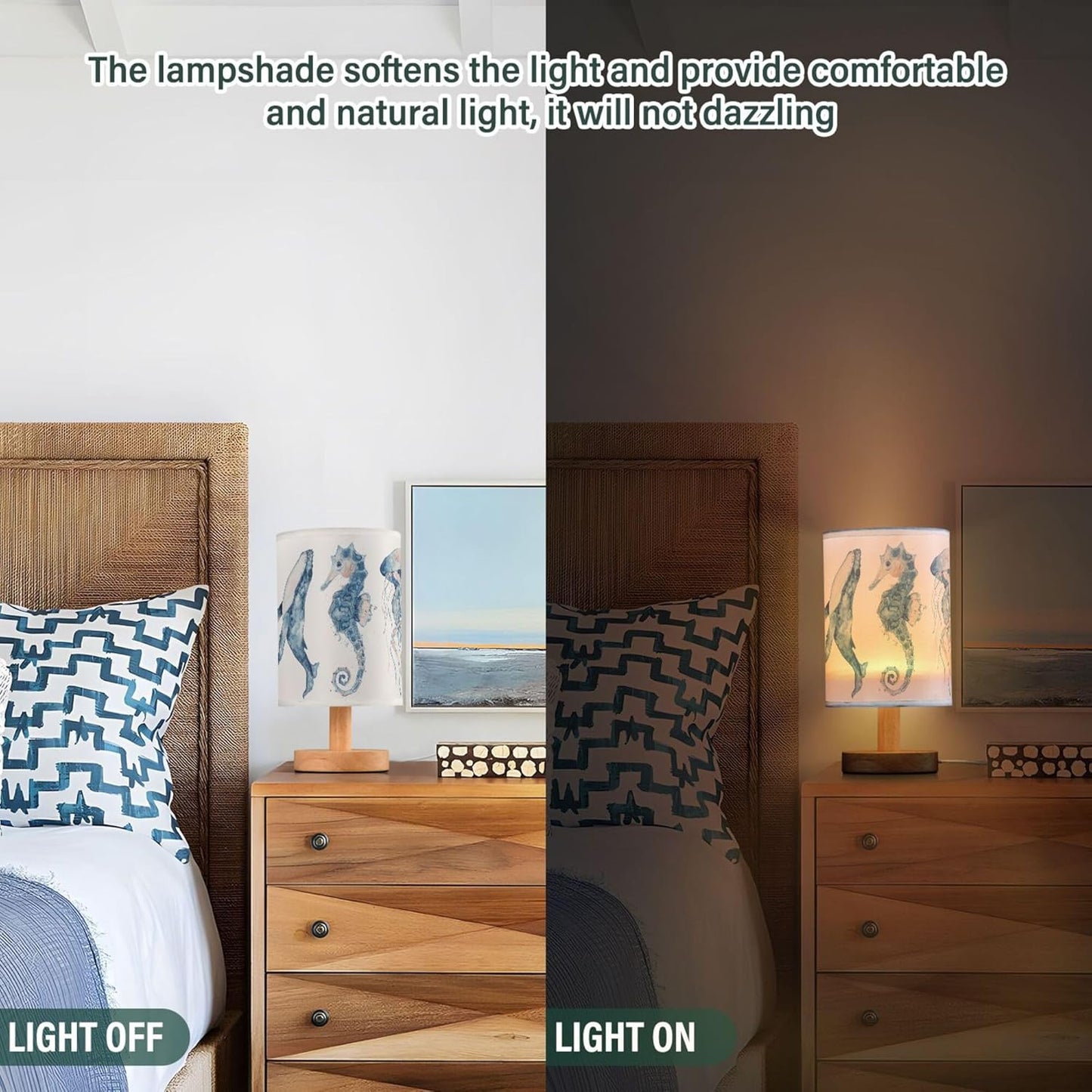 Table Lamp Watercolor Ocean Fish Jellyfish Whale Seahorse Blue Sea Life Animal Nightstand Lamp with Wood Base Fabric Lamp Shade Bedside Desk Lamp for Living Room Bedroom Kids Room Office