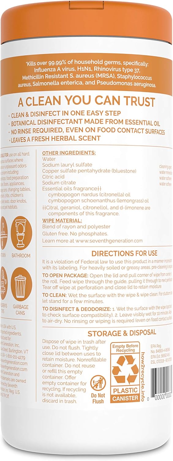 Seventh Generation Disinfecting Multi-Surface Wipes, Lemongrass Citrus Scent, 35 Wipes