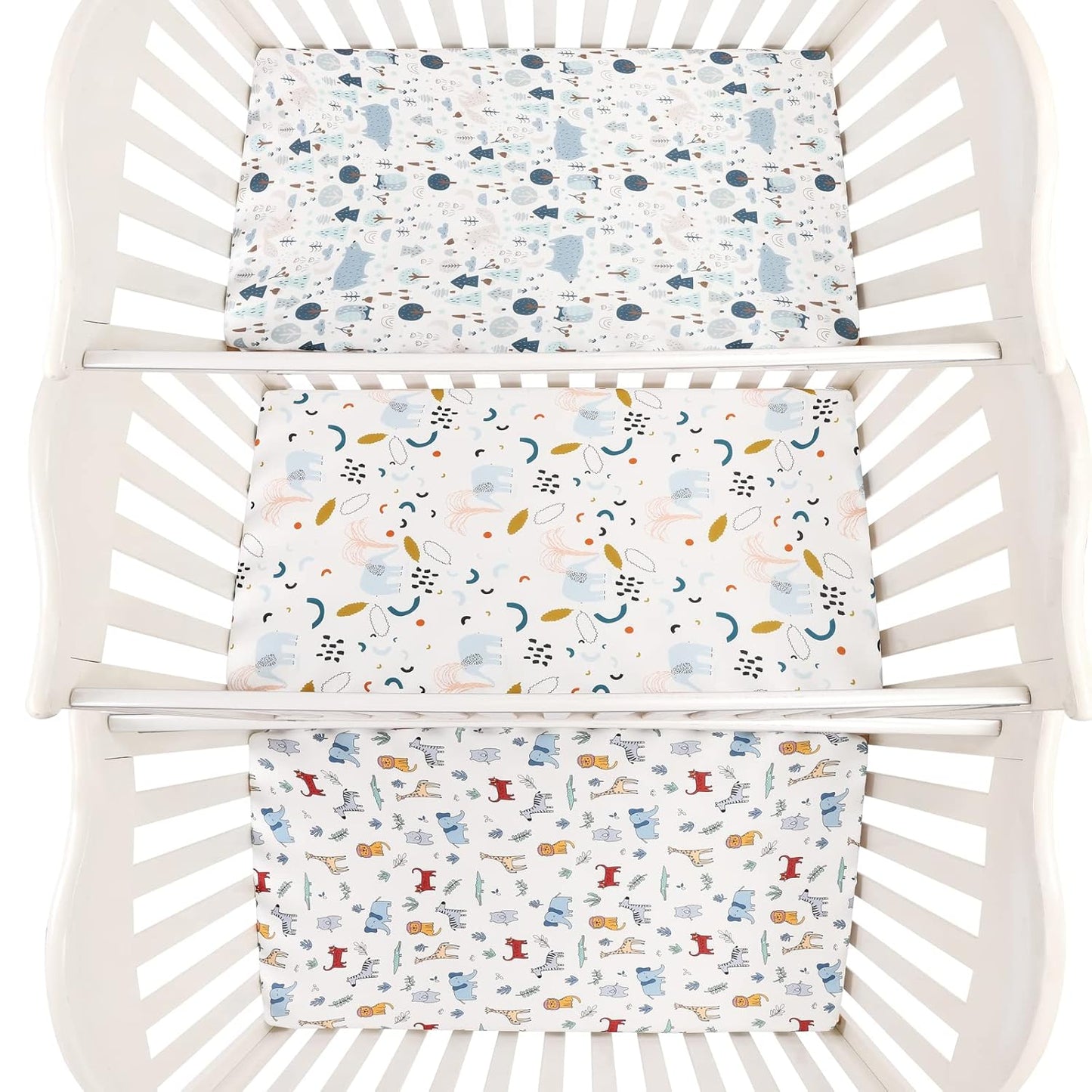 Onacosht Pack and Play Sheets 3 Pack for Baby Boy, Stretchy Jersey Knitted Portable Mini Crib Sheets Playard Mattress Cover, Woodland Animal Elephant Fox Lion Bear Giraffe Zebra Printing