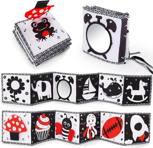 Black and White High Contrast Toys for Baby 0-3 3-6 months Infant Tummy Time Soft Book Sensory Musical Toy 0-2-4-6 month Babies Brain Development Montessori Crinkle Book Mirror Newborn Shower Gifts