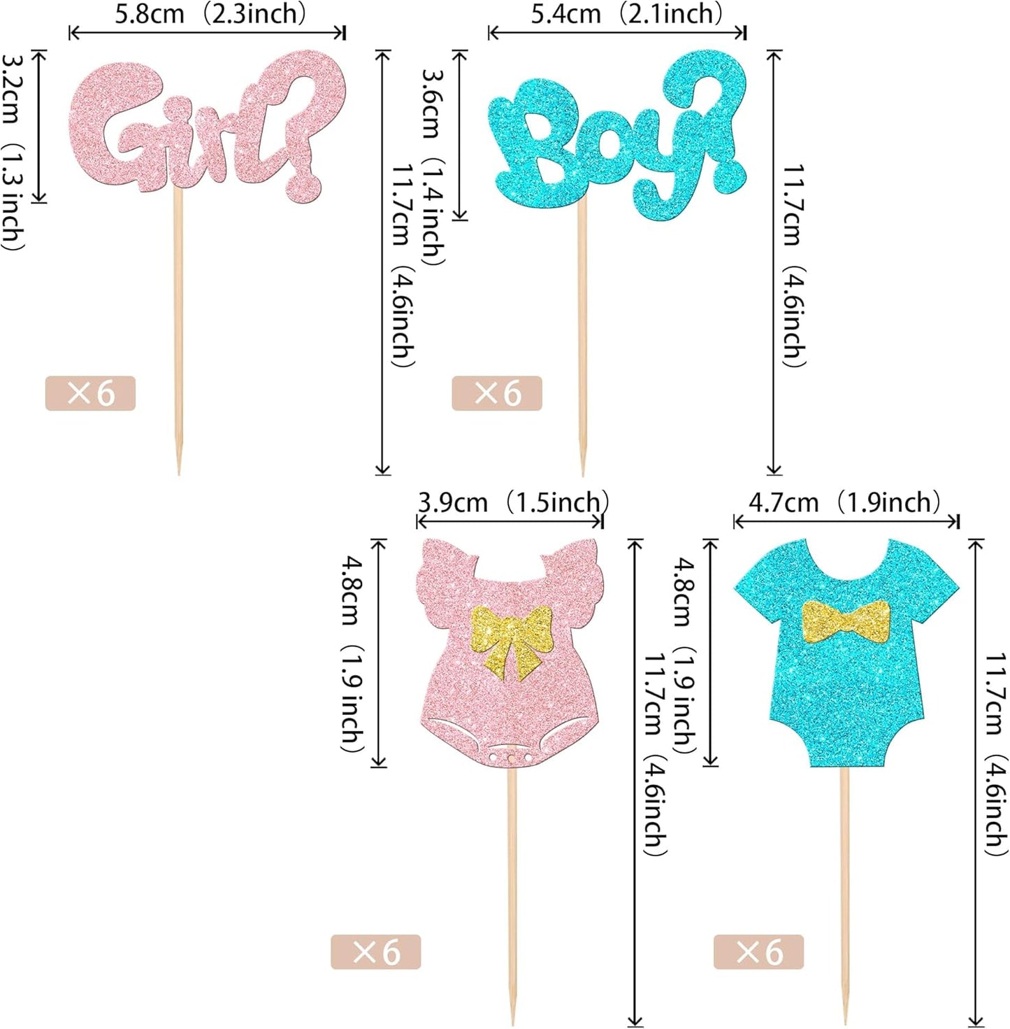 Rsstarxi 24pcs Cake Topper Paper Boy or Girl Toppers with Glitter Bow Tie Skirt, for Baby Shower, Birthday & Gender Reveal Party Decorations