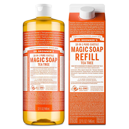 Dr. Bronner's Pure-Castile Magic Soap Liquid- Made with Regenerative Organic Certified Oils- For Body, Face, Hair, Dishes, Laundry, Vegan Bath Soaps for Men & Women, Non-GMO- Tea Tree, 32oz + Refill