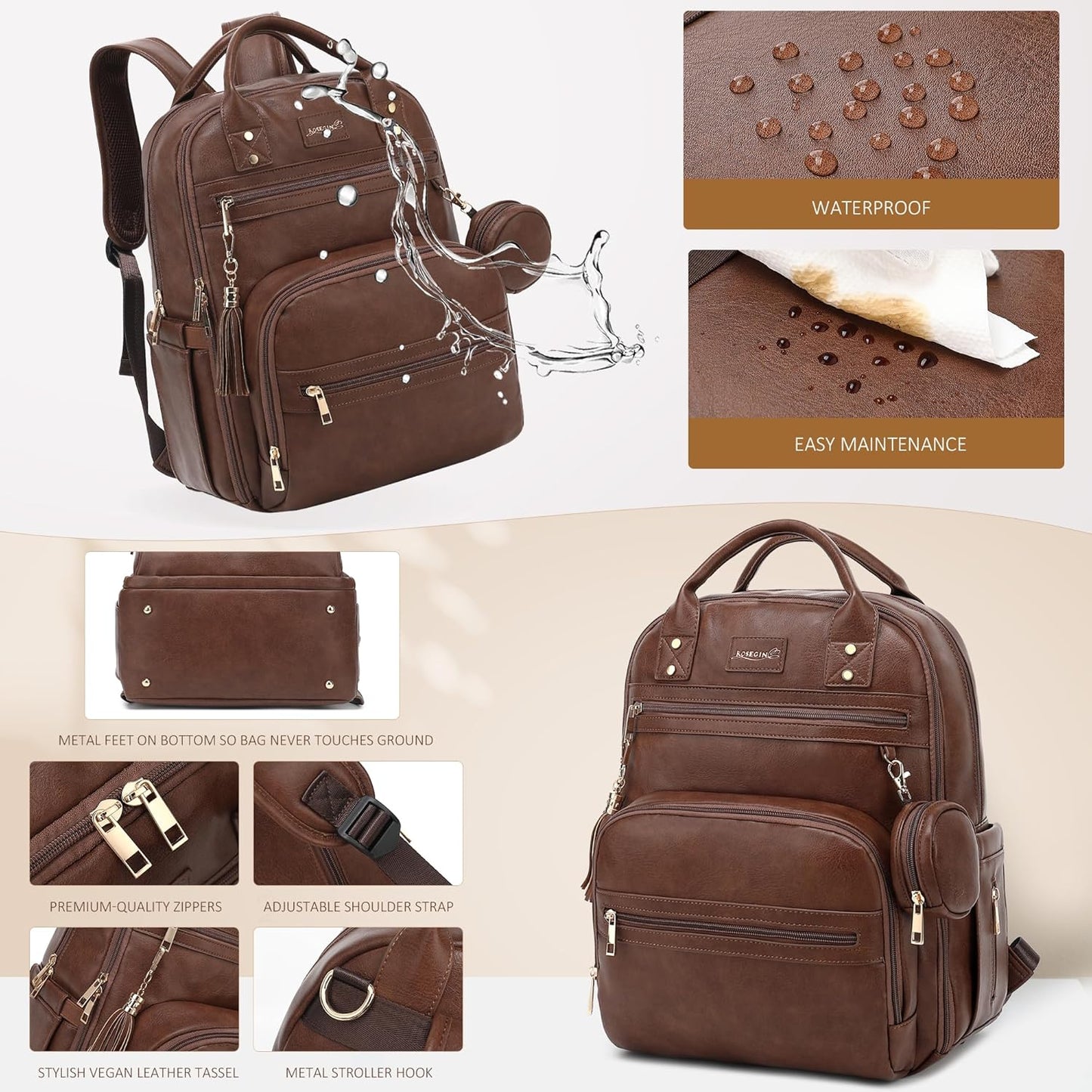 Premium Vegan Leather Diaper Bag Backpack with Waterproof Changing Pad, Reinforced Zippers & Odor-Free,20 Pockets Pro Organizer, Fits 15.6" Laptop, Stroller Straps, Baby Bag for Mom,Dark Brown