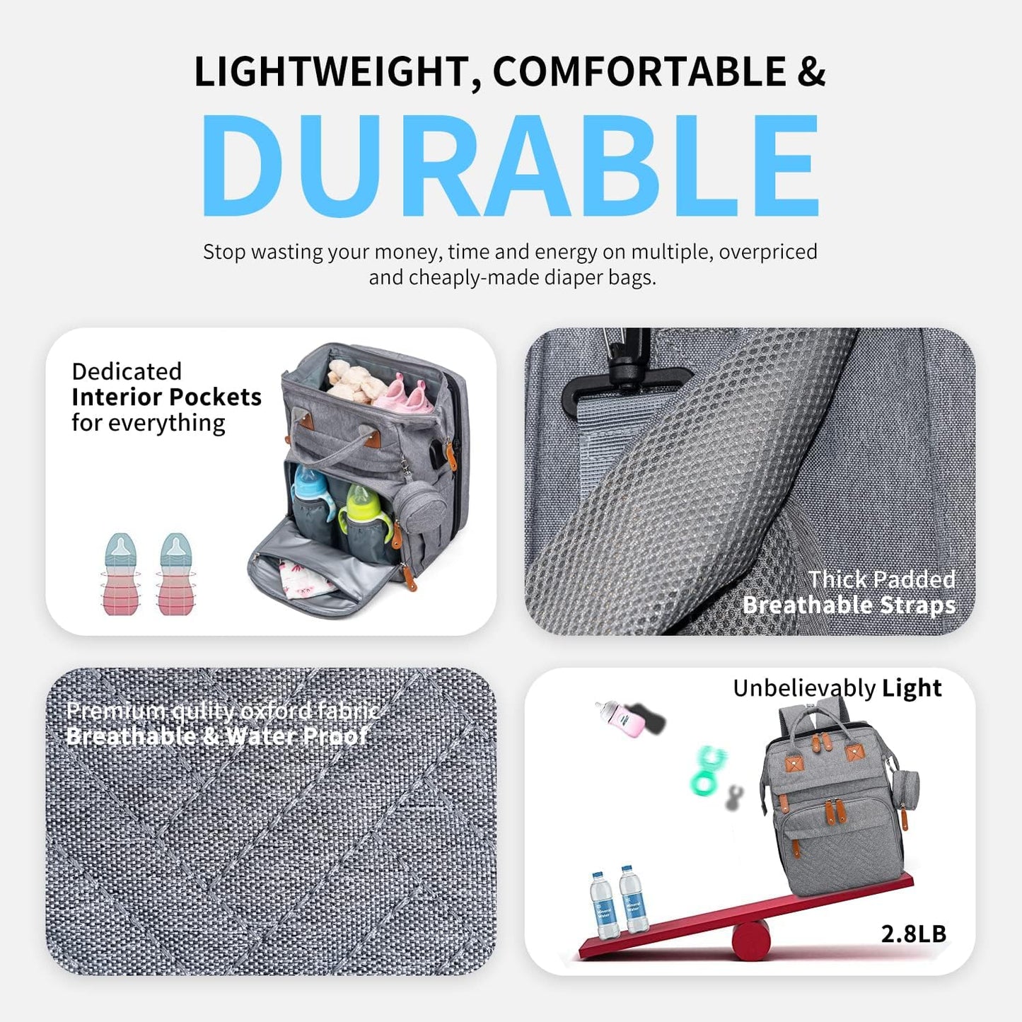 KABAQOO Diaper Bag Backpack with Detachable Changing Station, Large Capacity Baby Diaper Bags for Boys & Girls, Baby Registry Search Stuff & Shower Gifts, Newborn Essentials Must Haves, Grey