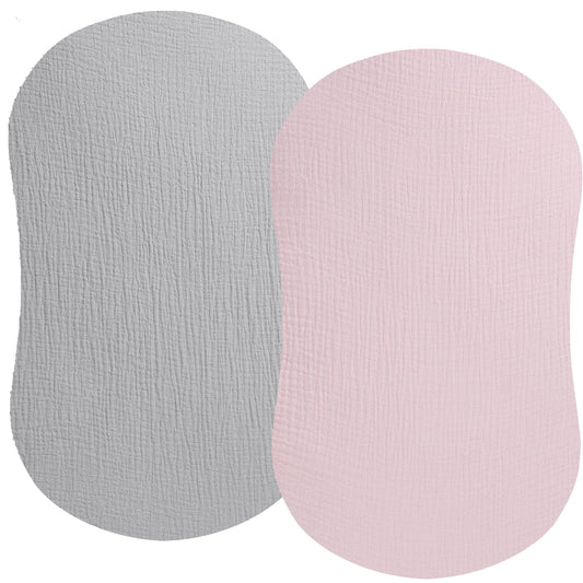 Muslin Bassinet Sheet Compatible with Halo Bassinest Swivel Flex Glide Premiere & Luxe Series Sleeper 2 Pack Cotton Stylish Boho Fitted Bassinet Sheets Super Soft for Baby Roman Grey & Pink
