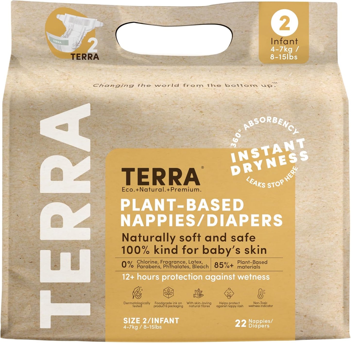 Terra Size 2 Diapers: 85% Plant-Based Diapers, Ultra-Soft & Chemical-Free for Sensitive Skin, 8-15 Pounds, 22 Count (Pack of 8)