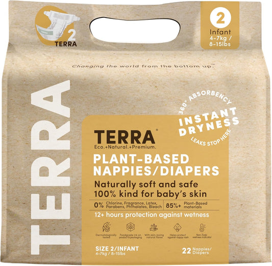 Terra Size 2 Diapers: 85% Plant-Based Diapers, Ultra-Soft & Chemical-Free for Sensitive Skin, 8-15 Pounds, 22 Count